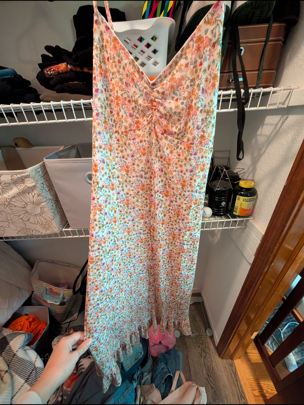 Ultra Flirt Floral Slip Dress in Peach, Cream & Green